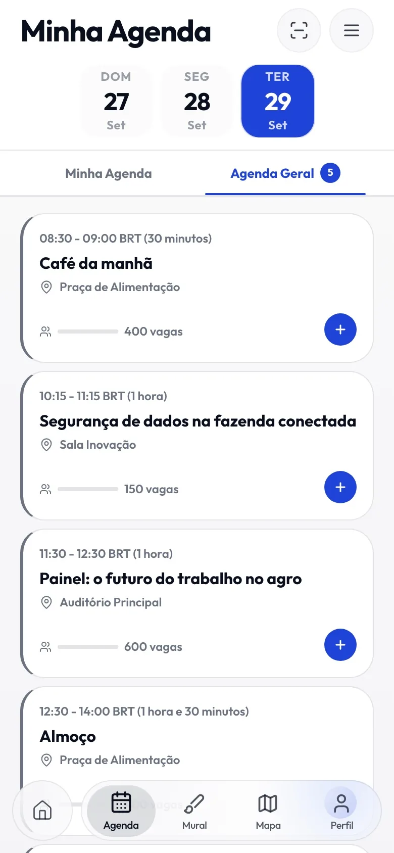 Tela da agenda no app: dias do evento e sessões com horário, sala e vagas.