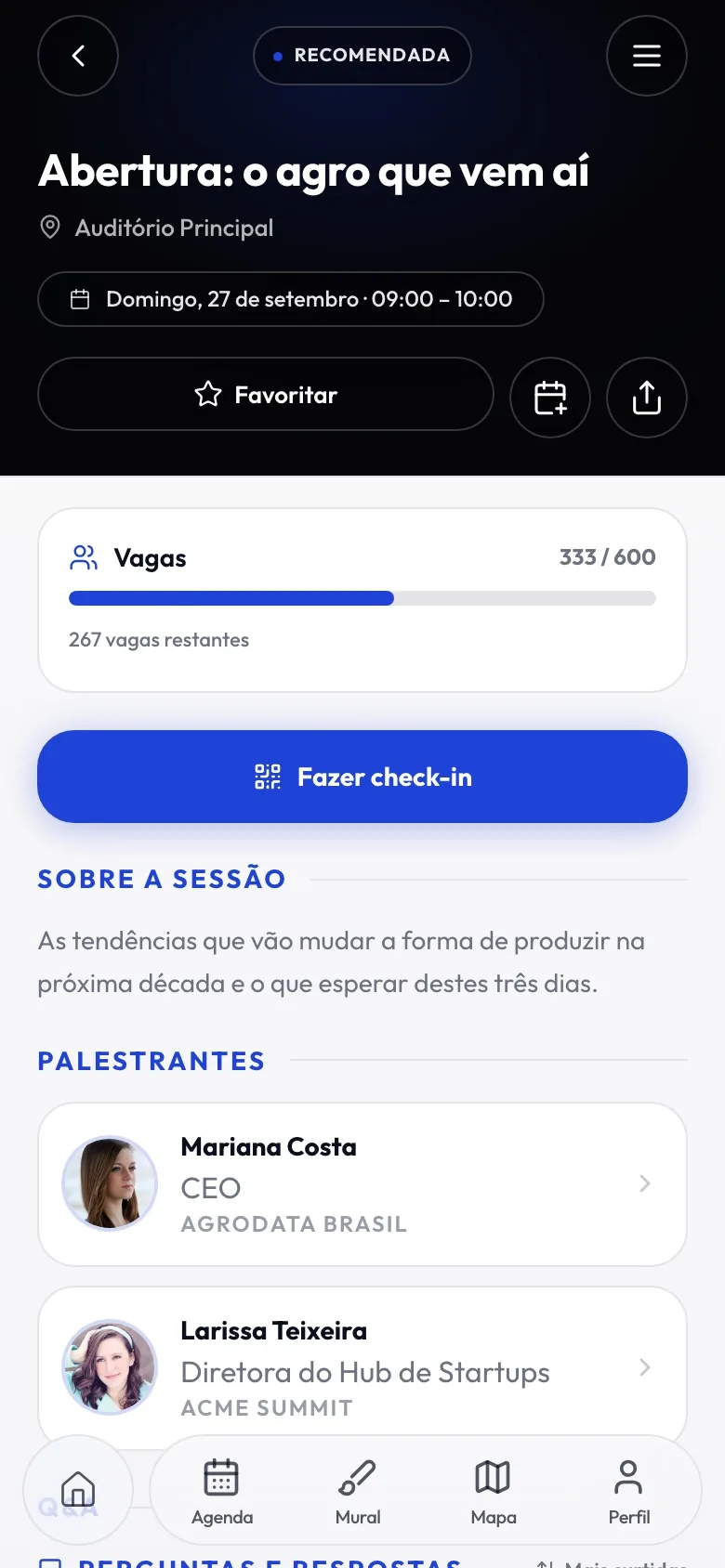 Detalhe de uma sessão: vagas, botão de check-in e palestrantes.